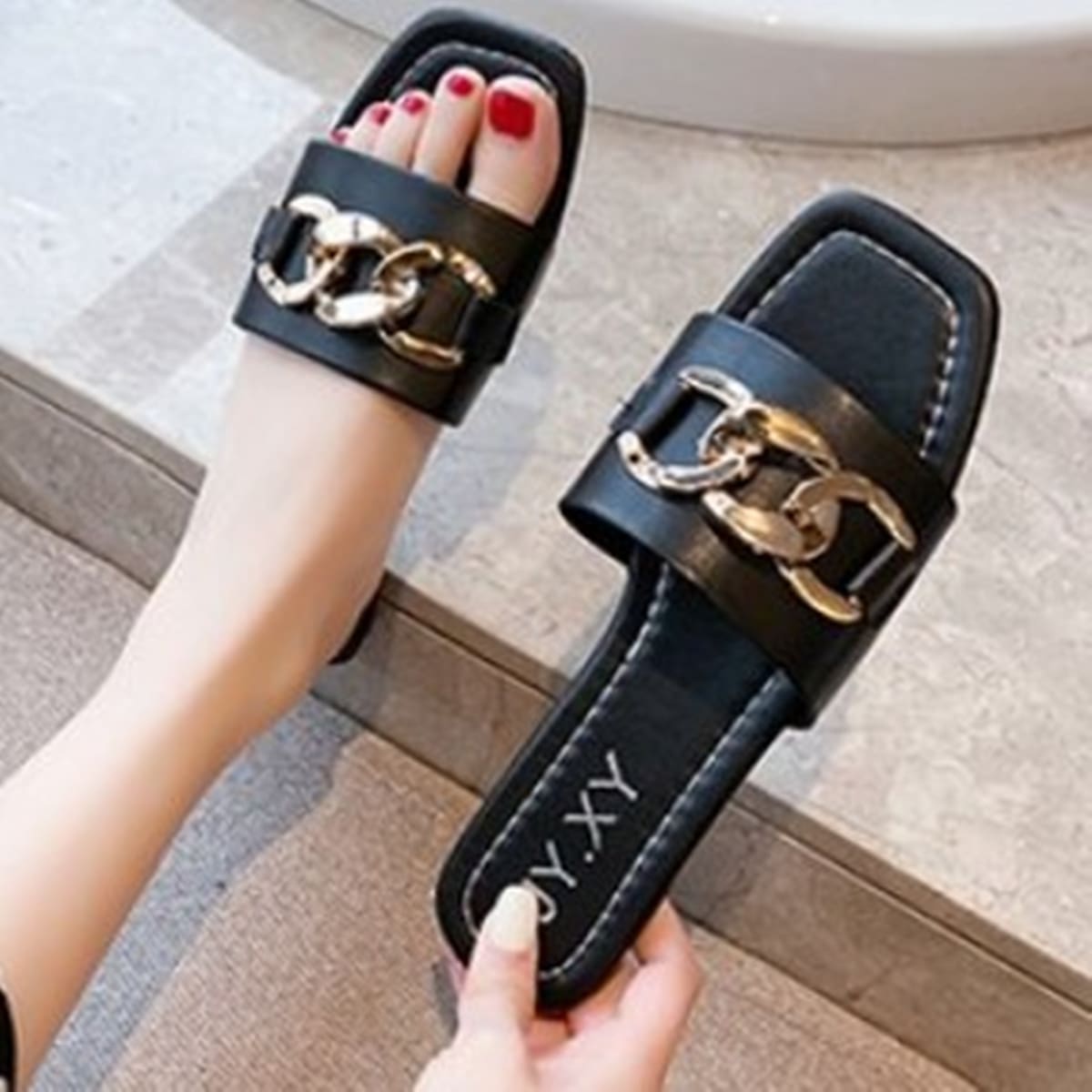 

Chunky Chain Slide Sandals, Black