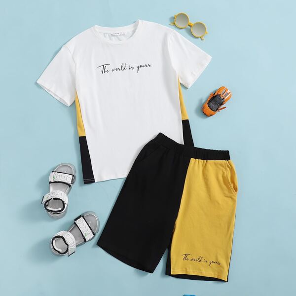 

Boys Slogan Graphic Contrast Sideseam Top & Shorts Set, Multicolor