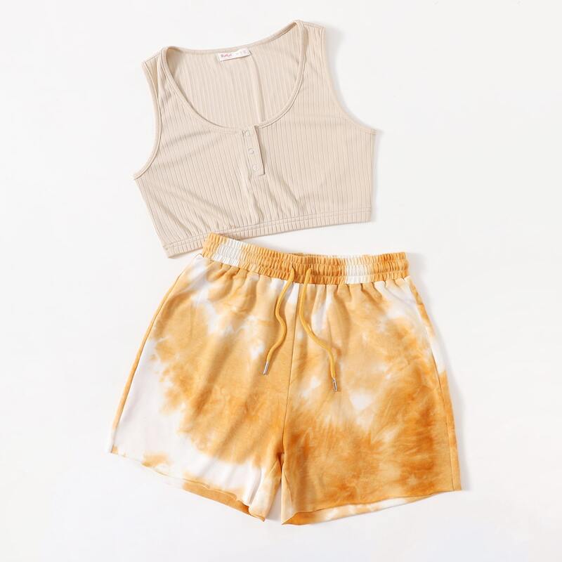 

Solid Button Ribbed Tank Top & Tie Dye Drawstring Shorts, Multicolor