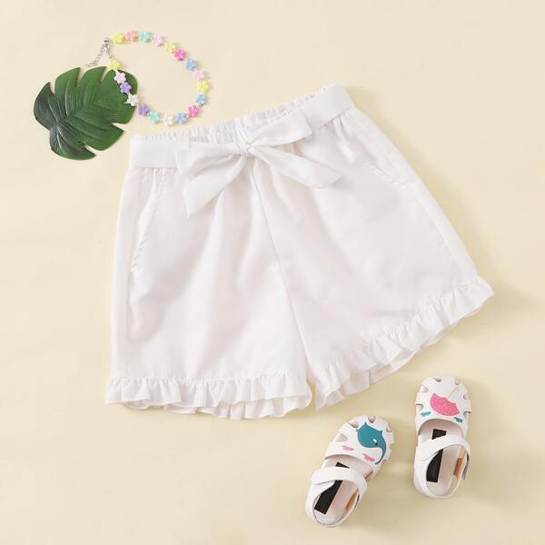 

Girls Ruffle Hem Belted Shorts, White