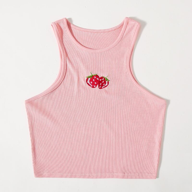 

Strawberry Embroidery Ribbed Tank Top, Pink