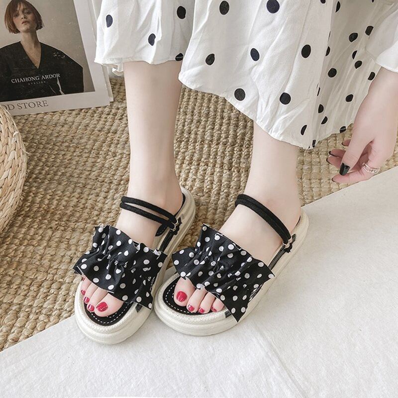 

Polka Dot Ruffle Slide Sandals, Black