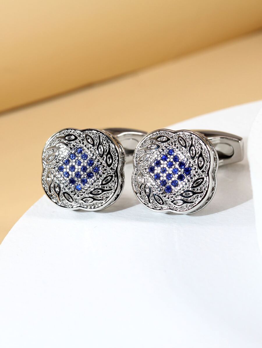 男士银色微镶锆石袖扣一对 - 銀色 - 查看 1