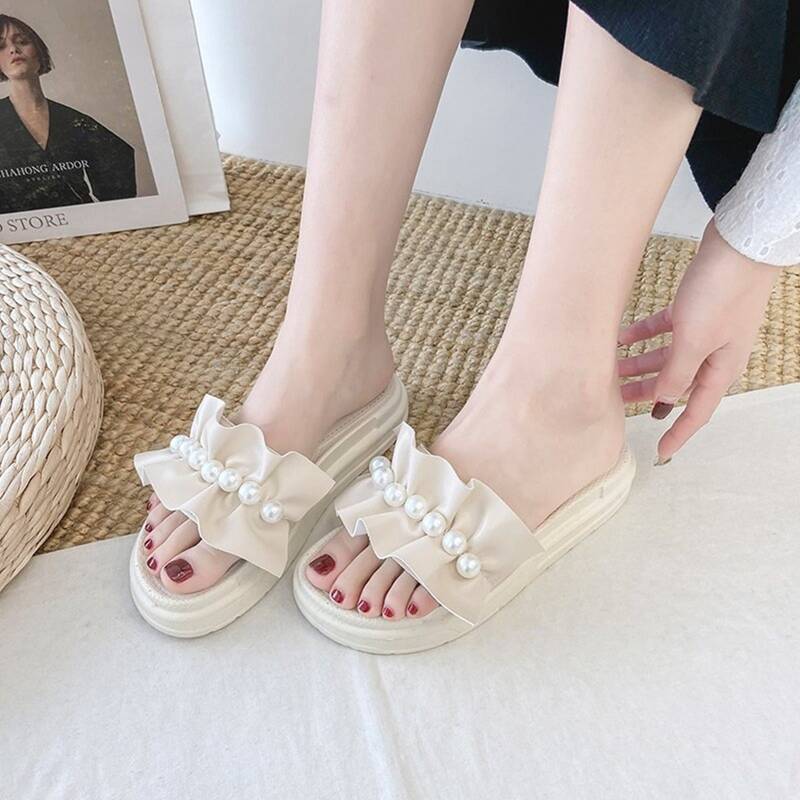 

Faux Pearl Ruffle Slide Sandals, Beige