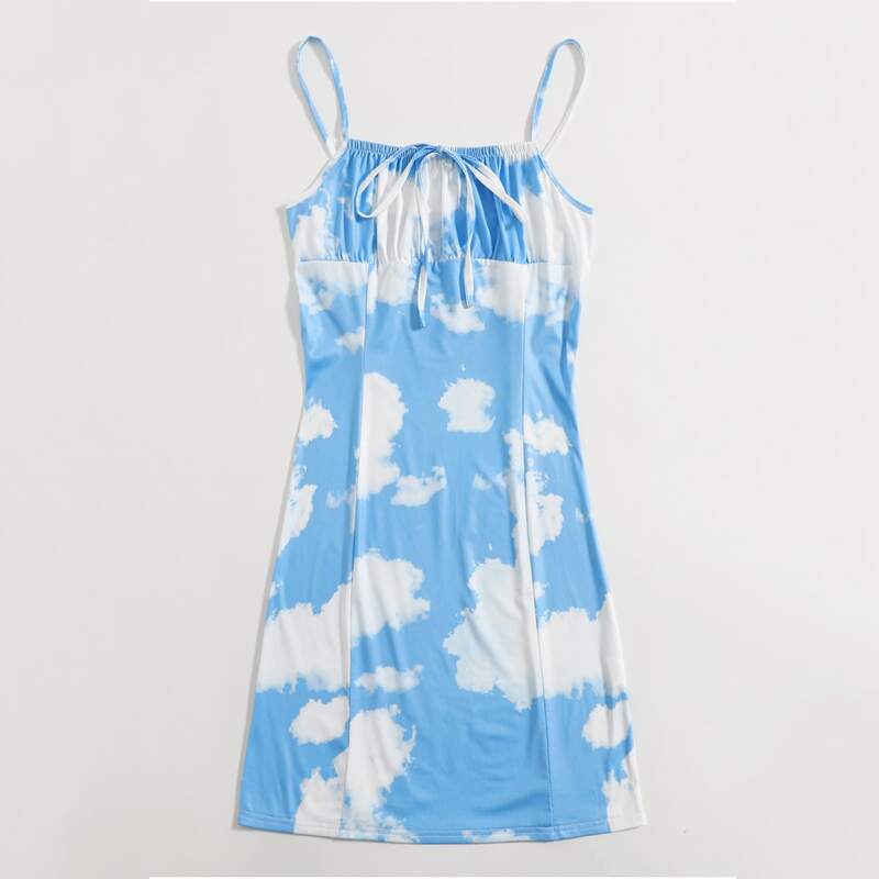

Cloud Print Ruched Bust Cami Dress, Blue and white