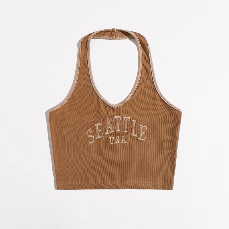 

Letter Embroidery Ribbed Halter Crop Top, Brown