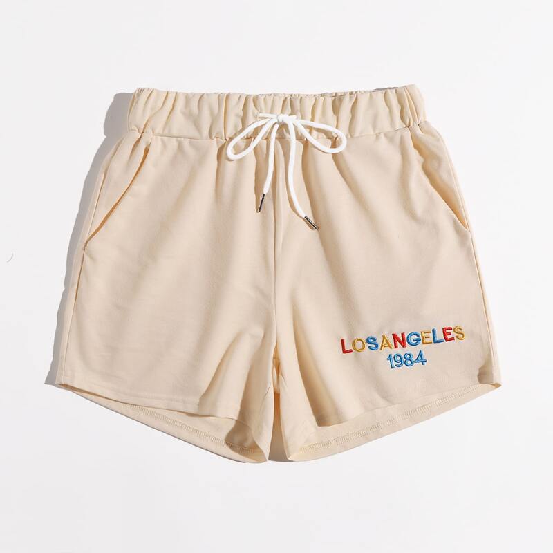 

Letter Embroidery Drawstring Shorts, Khaki