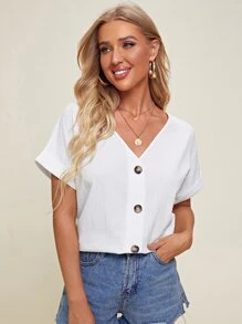 SHEIN V-neck Cuffed Sleeve Button Placket Blouse - White - View 1