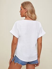 SHEIN V-neck Cuffed Sleeve Button Placket Blouse - White - View 2