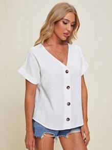 SHEIN V-neck Cuffed Sleeve Button Placket Blouse - White - View 3