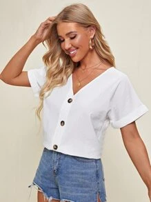 SHEIN V-neck Cuffed Sleeve Button Placket Blouse - White - View 4