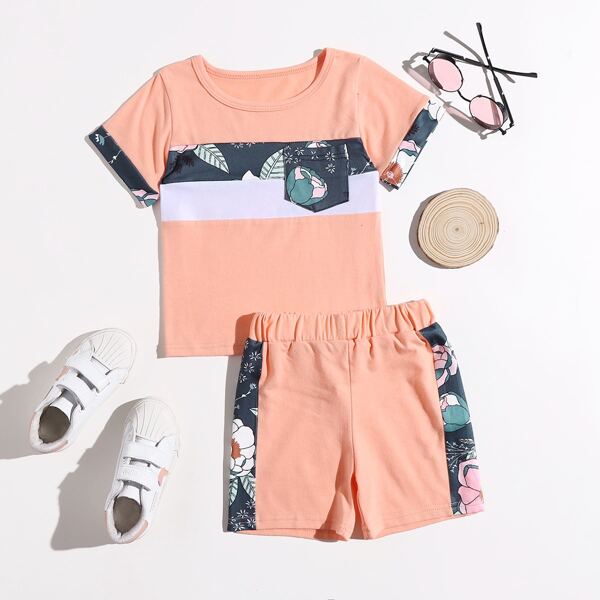 

Toddler Girls Floral Panel Tee With Track Shorts, Coral pink