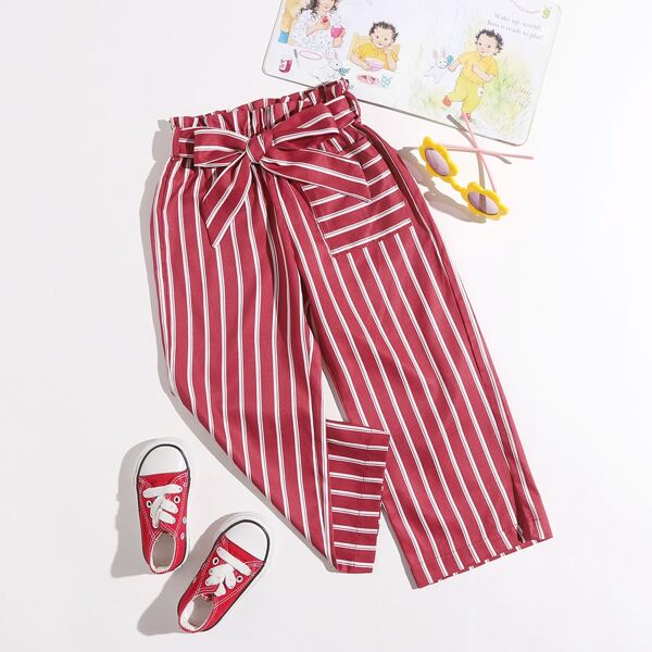 

Toddler Girls Striped Belted Paper Bag Waist Pants, Red