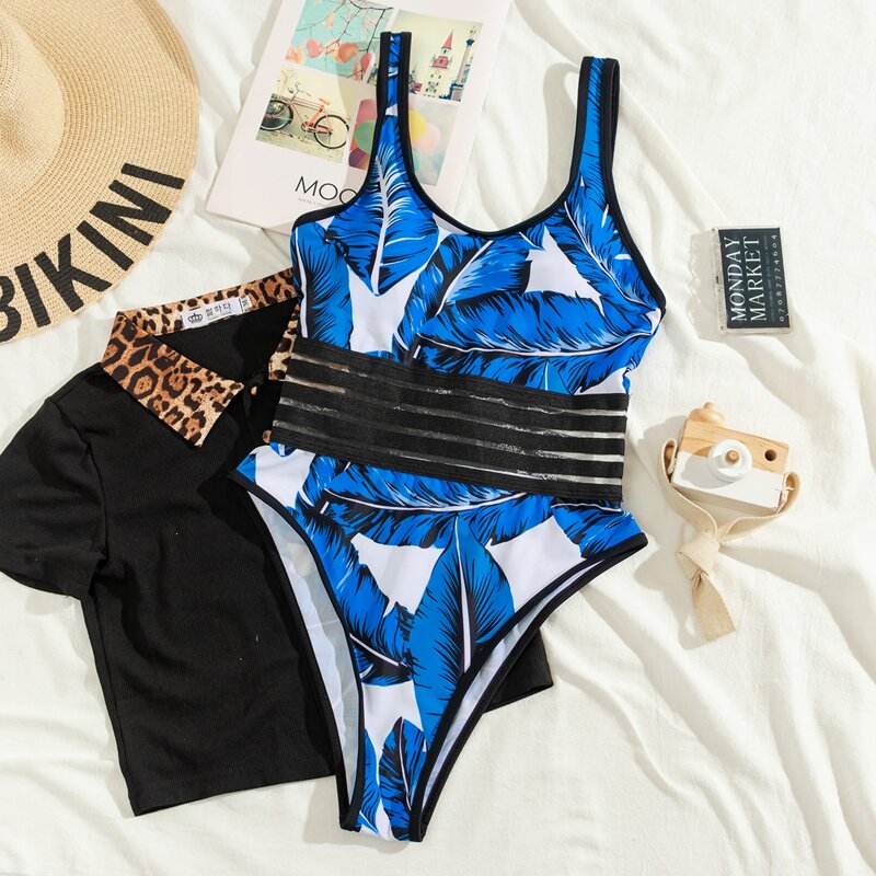 

Tropical Contrast Mesh One Piece Swimsuit, Blue