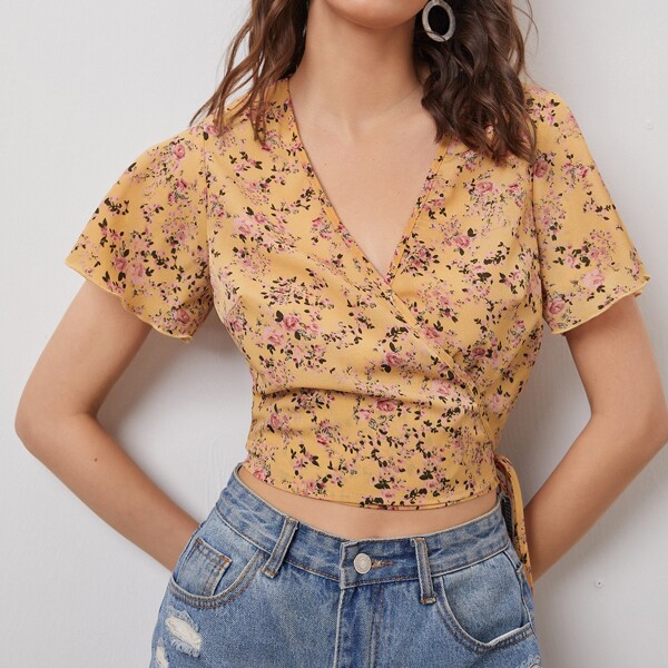

Floral Knot Side Wrap Blouse, Multicolor