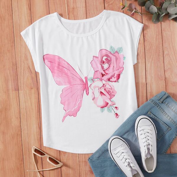 

Butterfly And Floral Print Tee, White