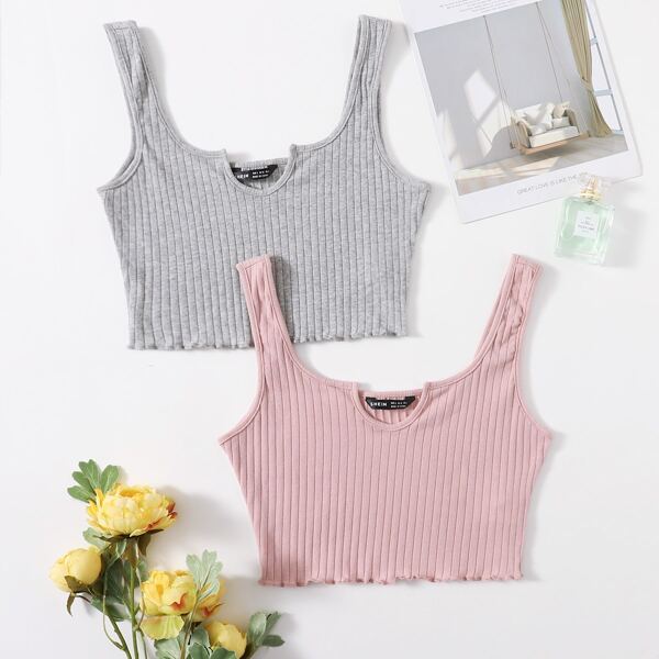 

2 Pack Notched Neck Rib-knit Tank Top, Multicolor