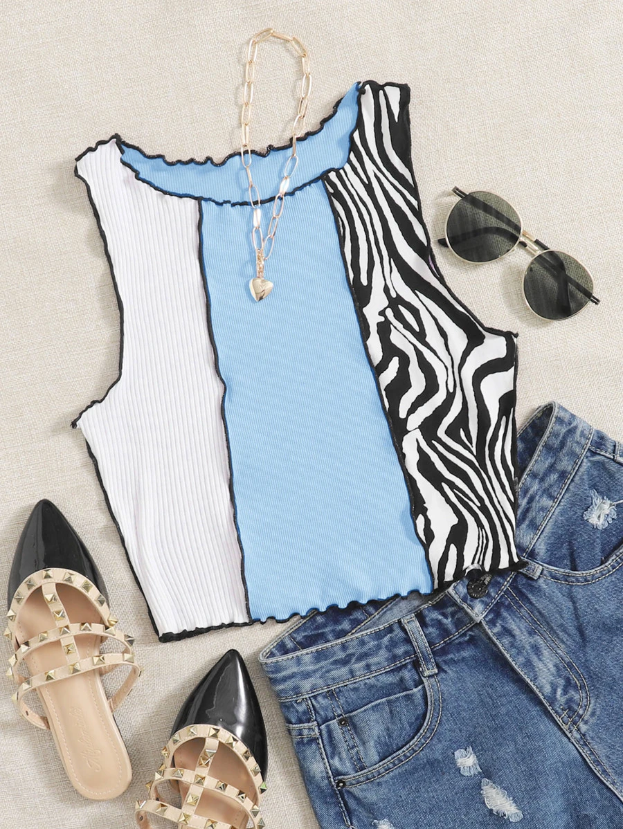SHEIN Qutie Top tank ribete en forma de lechuga de color combinado de rayas - Multicolor - Ver 1