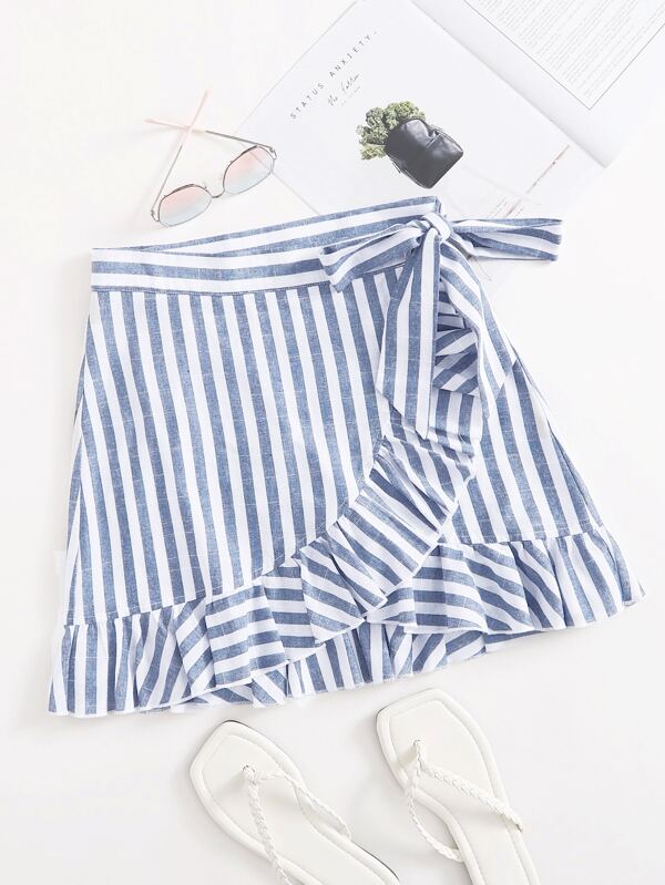 SHEIN VCAY Falda de rayas con nudo cruzado bajo fruncido