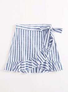 SHEIN VCAY 荷葉邊下擺圍裹結飾條紋半身裙 - 藍白色 - 查看 3