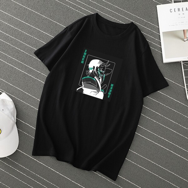

Men Figure & Letter Print Tee, Black