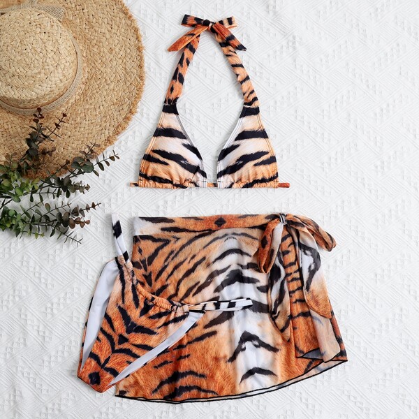 

Tiger Stripe Triangle Bikini Swimsuit With Beach Skirt, Multicolor