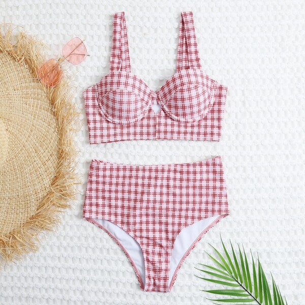 

Plaid Push Up High Waisted Bikini Swimsuit, Dusty pink