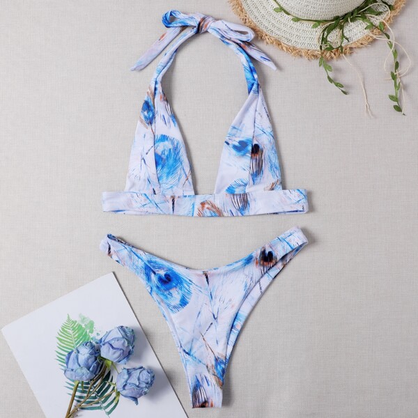 

Allover Graphic Halter Bikini Swimsuit, Multicolor