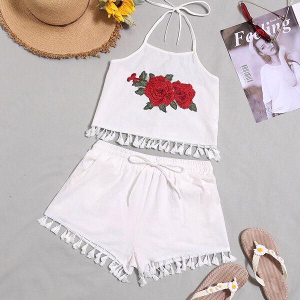 

Floral Embroidery Tassel Trim Crop Top & Shorts Set, White
