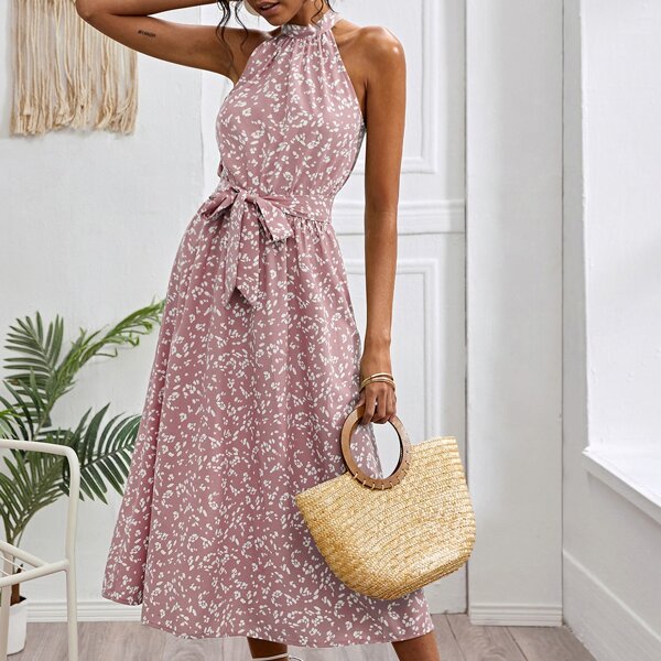 

Allover Print Belted Halter Dress, Dusty pink