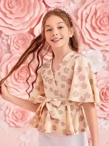 SHEIN Girls Flutter Sleeve Wrap Belted Floral Top - Multicolor - View 1