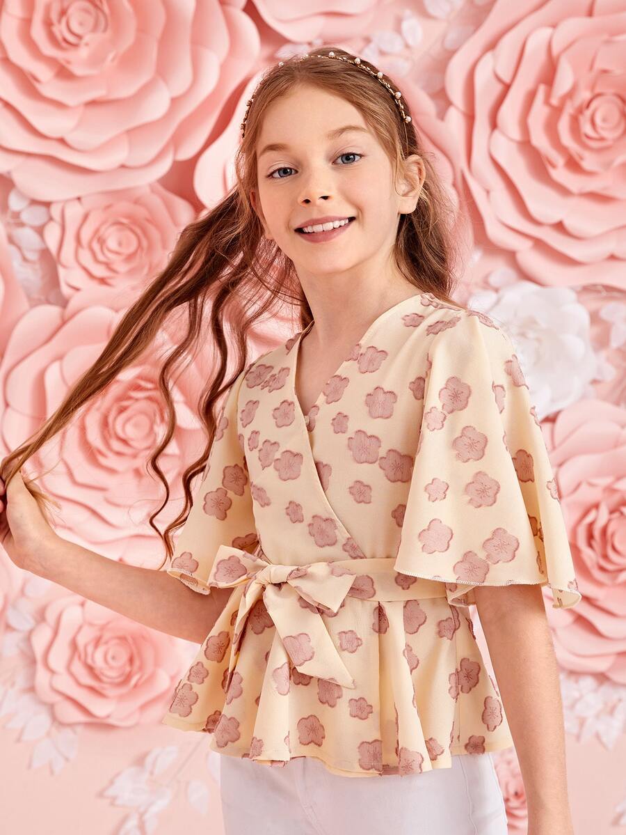 SHEIN Girls Flutter Sleeve Wrap Belted Floral Top - Multicolor - View 1