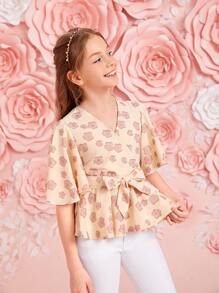 SHEIN Girls Flutter Sleeve Wrap Belted Floral Top - Multicolor - View 3