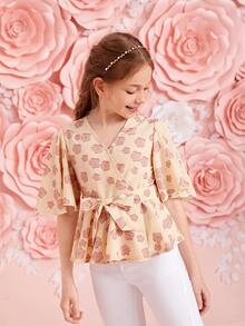 SHEIN Girls Flutter Sleeve Wrap Belted Floral Top - Multicolor - View 5