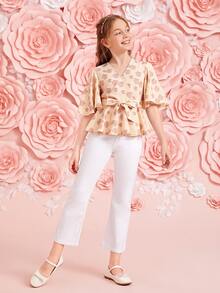 SHEIN Girls Flutter Sleeve Wrap Belted Floral Top - Multicolor - View 6