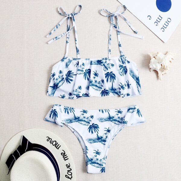 

Palm Tree Print Flounce Bikini Swimsuit, Blue and white