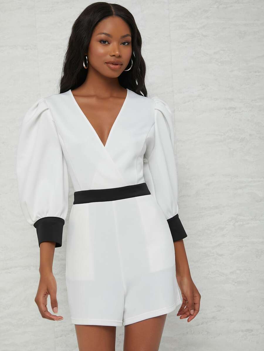 Raluk Surplice Neck Lantern Sleeve Colourblock Romper - White - View 1