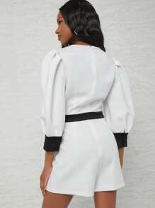 Raluk Surplice Neck Lantern Sleeve Colourblock Romper - White - View 2