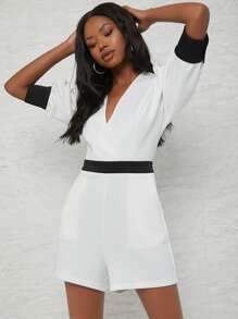 Raluk Surplice Neck Lantern Sleeve Colourblock Romper - White - View 3