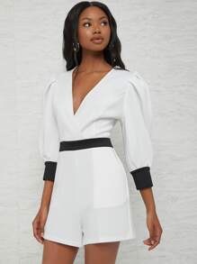 Raluk Surplice Neck Lantern Sleeve Colourblock Romper - White - View 4