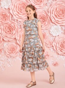 SHEIN Girls Ruffle Trim Floral Print 1 Top & Layered 1 Skirt Set - Multicolor - View 4