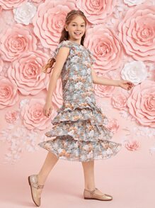 SHEIN Girls Ruffle Trim Floral Print 1 Top & Layered 1 Skirt Set - Multicolor - View 5