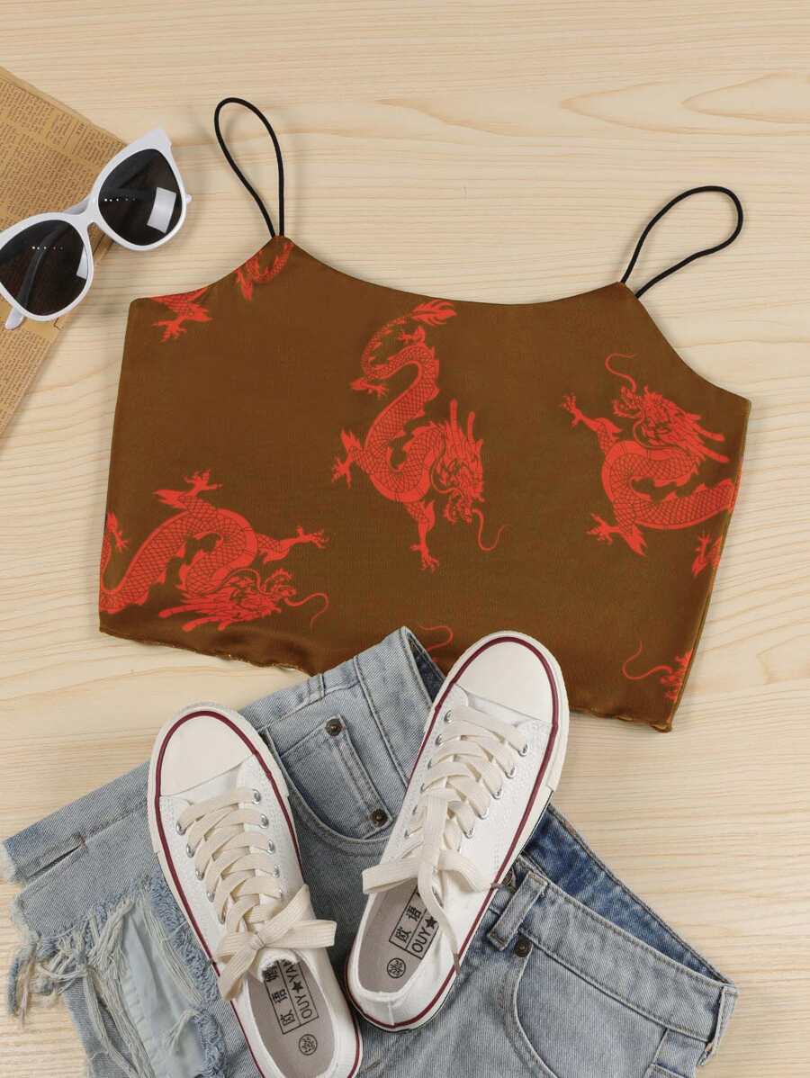 SHEIN Unity Chinese Dragon Print Crop Cami Top - Brown - View 1