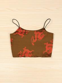 SHEIN Unity Chinese Dragon Print Crop Cami Top - Brown - View 2