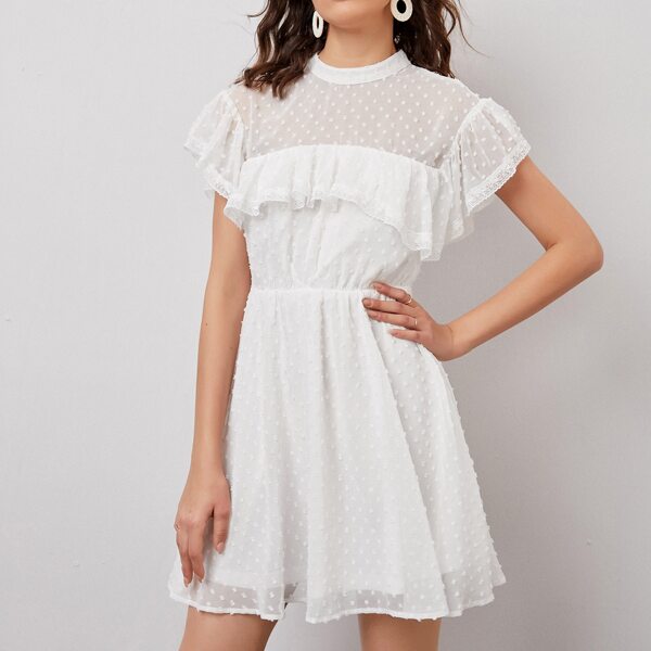 

Keyhole Back Ruffle Detail Swiss Dot Chiffon Dress, White