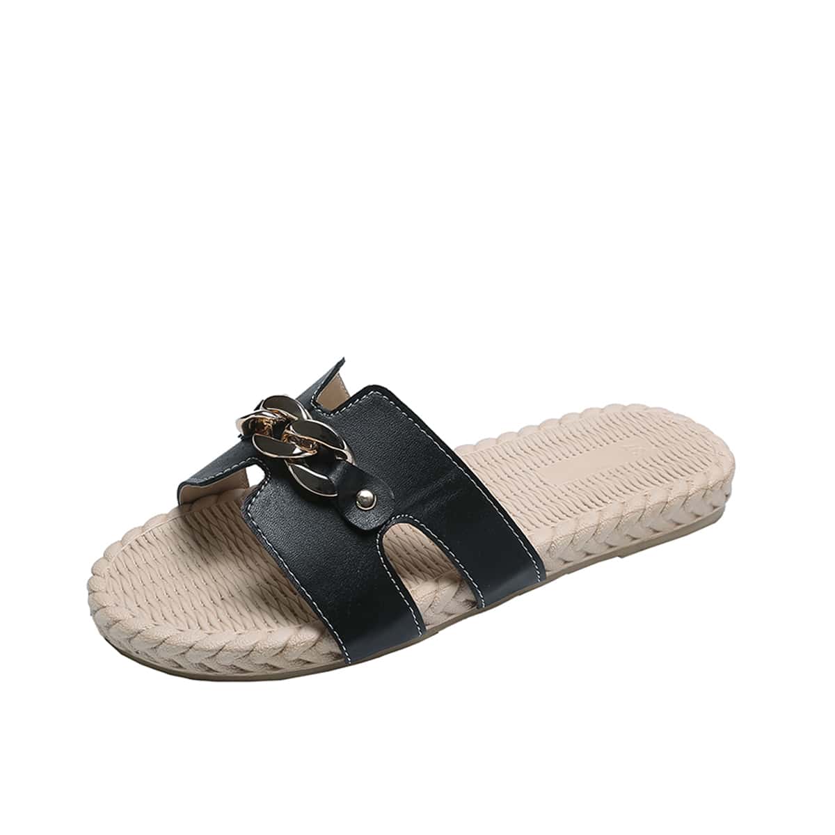 

Chain Wide Band Slide Sandals, Black