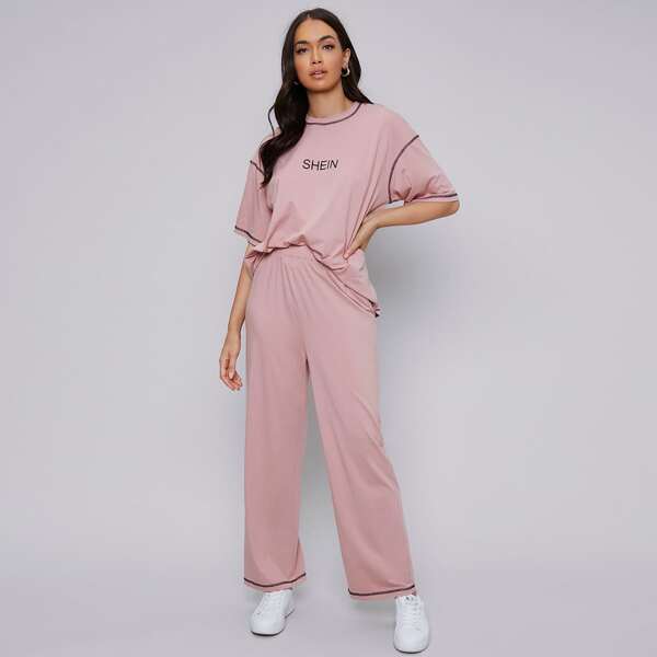 

Contrast Stitch Letter Graphic Top & Pants Set, Dusty pink