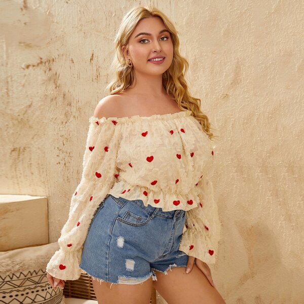 

Plus Heart Print Off The Shoulder Flounce Sleeve Blouse, Apricot