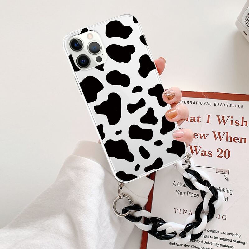 

Cow Print Phone Case With Chain, Black and white