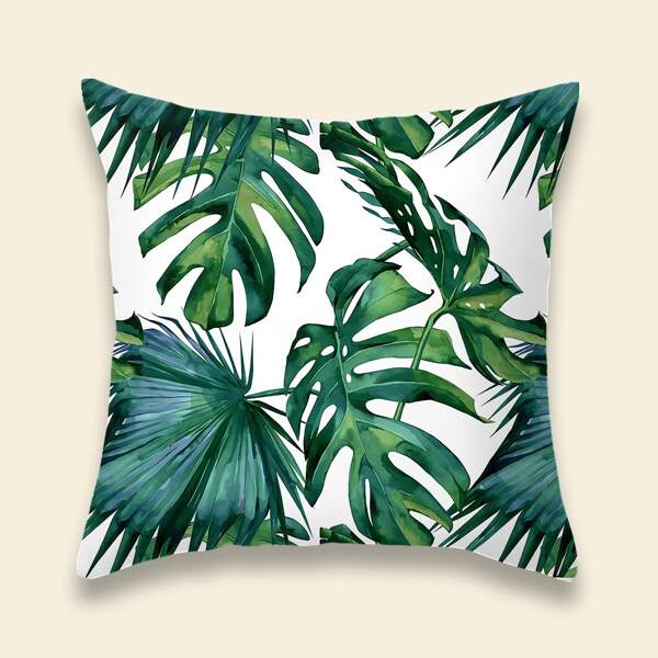 

Tropical Leaf Print Cushion Cover Without Filler, Green